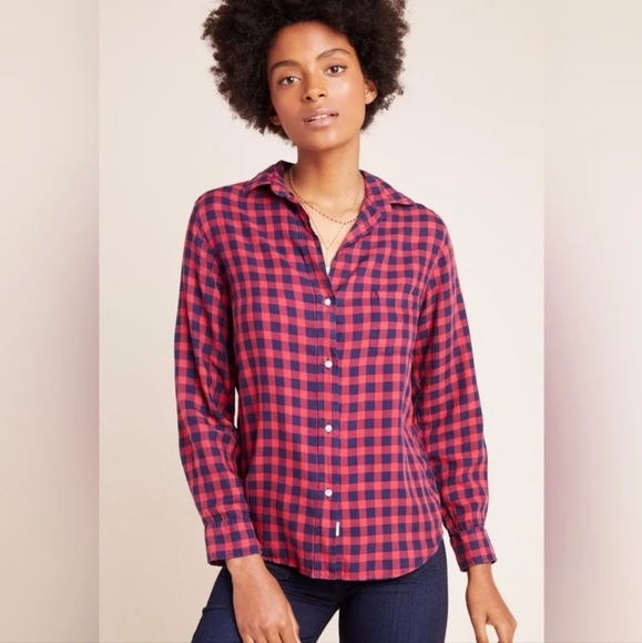 Grayson Red Checked Plaid Lyocell Lightweight V-Neck The Hero Button-Up Shirt LG - Picture 1 of 10